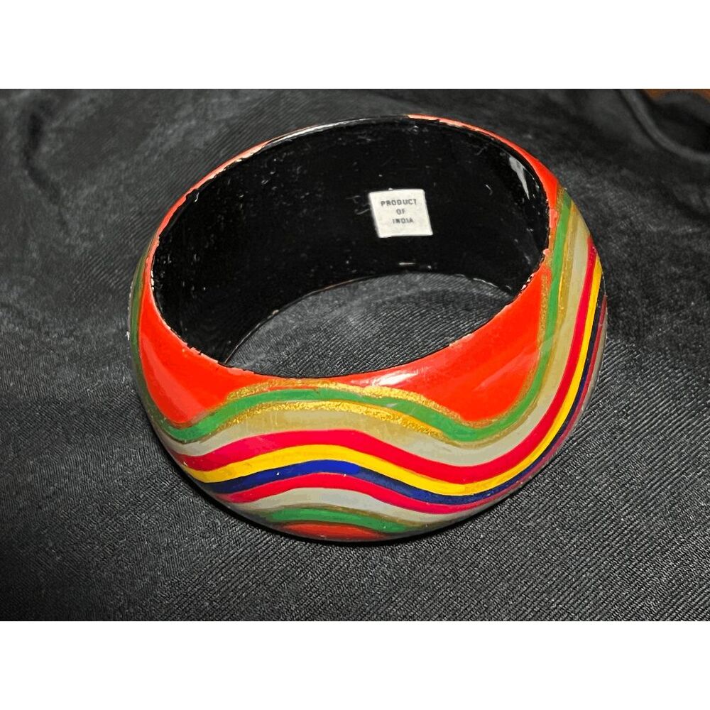 Vintage Chunky Groovy Wide Bangle Bracelet Enamel on Wood - Made in India